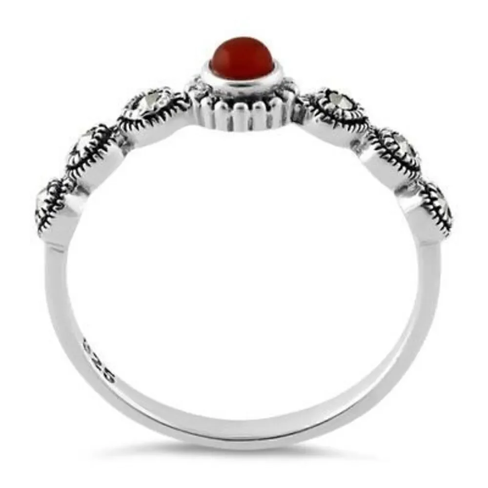 New Sterling Silver Small Round Red Marcasite Ring